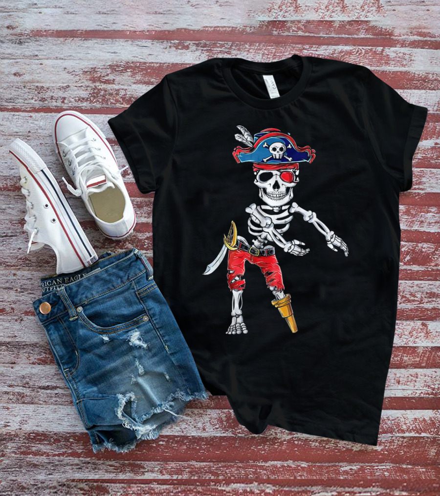 Pirate Skeleton Flossing Dance Red Pants Skull Hat Eyepatch Sword T-Shirt