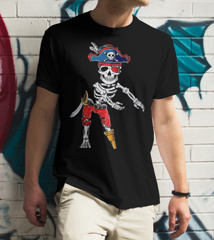 Pirate Skeleton Flossing Dance Red Pants Skull Hat Eyepatch Sword T-Shirt