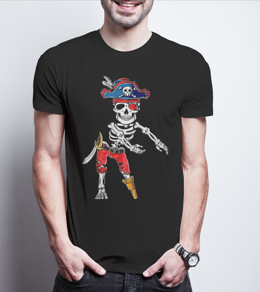 Pirate Skeleton Flossing Dance Red Pants Skull Hat Eyepatch Sword T-Shirt