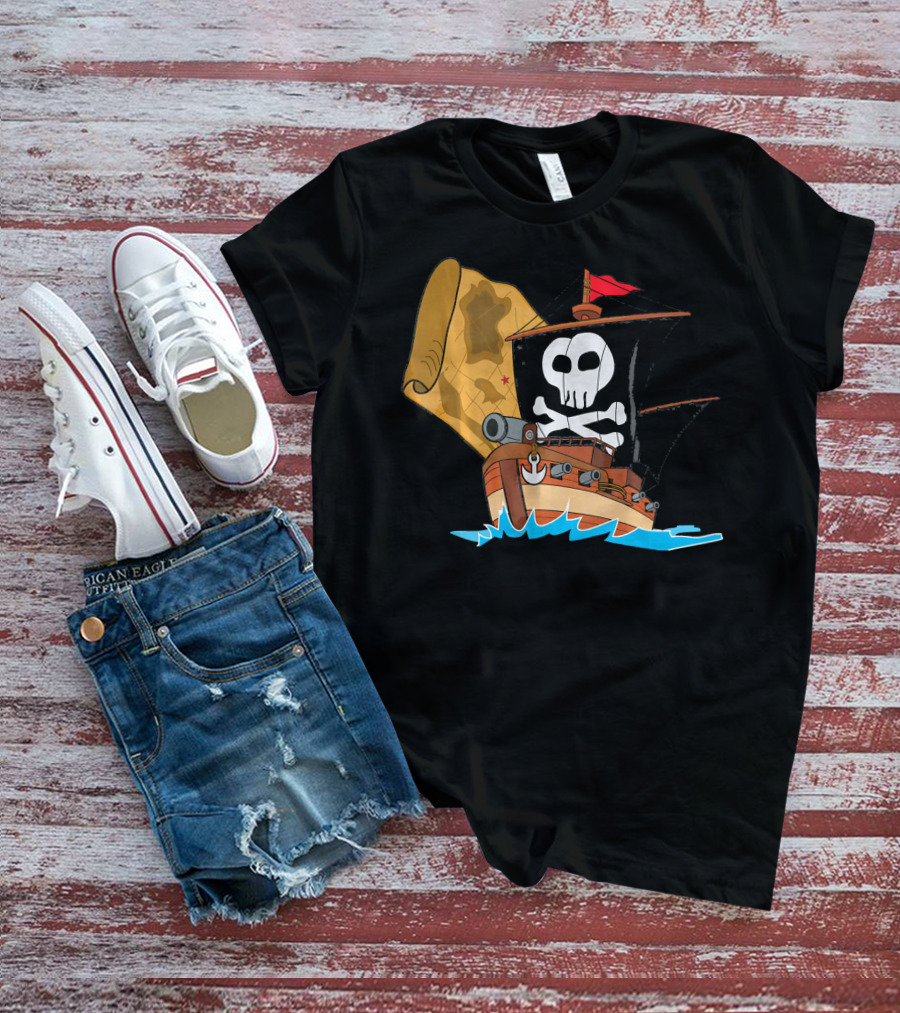 Pirate Ship With Jolly Roger And Treasure Map T-Shirt