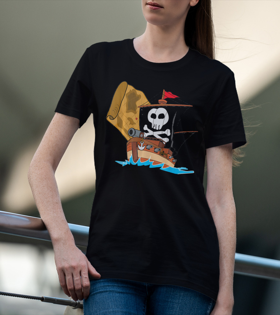 Pirate Ship With Jolly Roger And Treasure Map T-Shirt