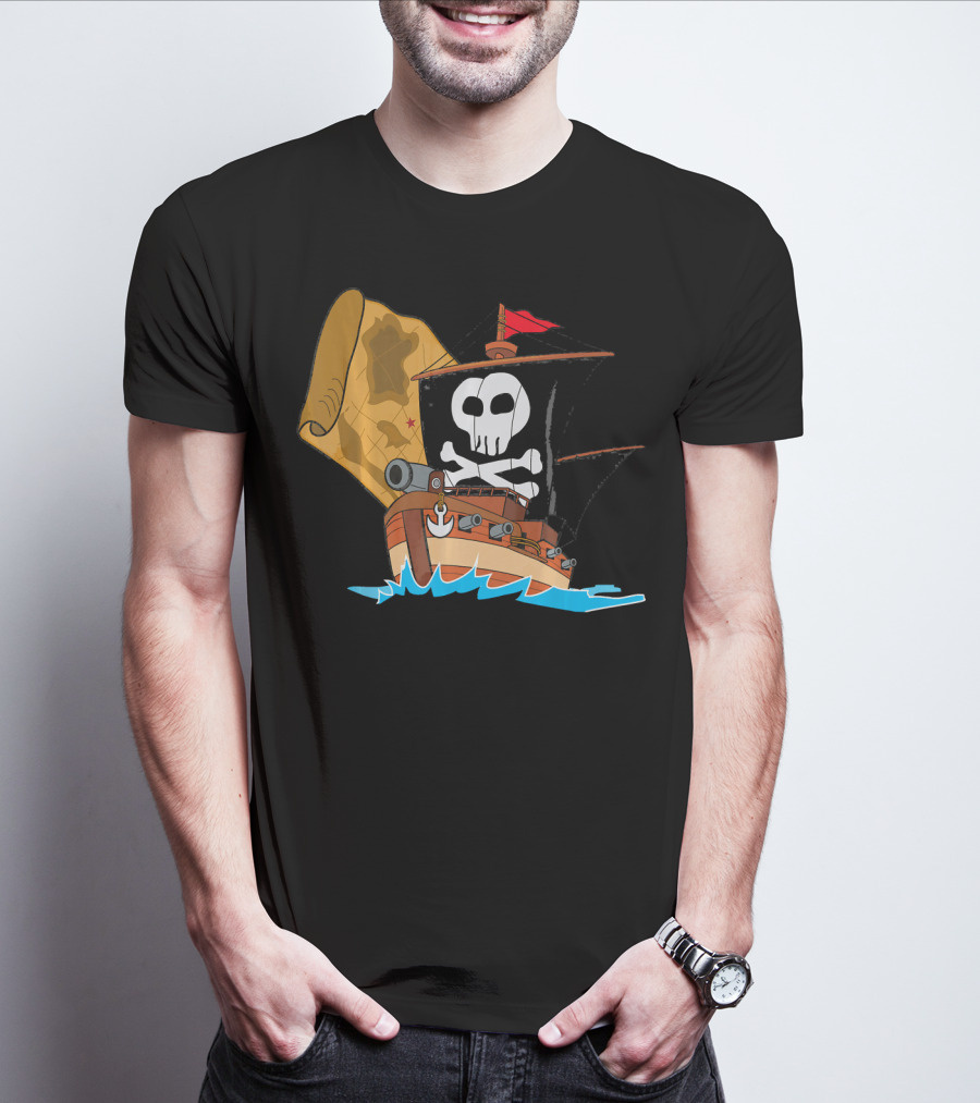 Pirate Ship With Jolly Roger And Treasure Map T-Shirt