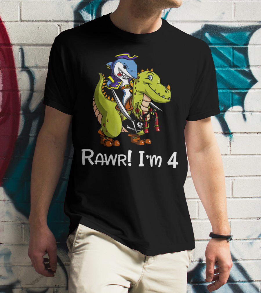 Rawr Dinosaur Shark Pirate Birthday Party I'm 4 T-Shirt
