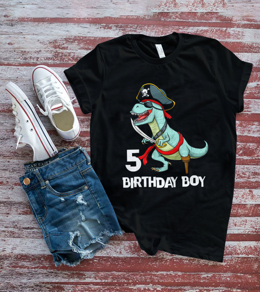 5 Birthday Boy Kids Pirate Dinosaur Rex Tyrannosaurus T-Shirt