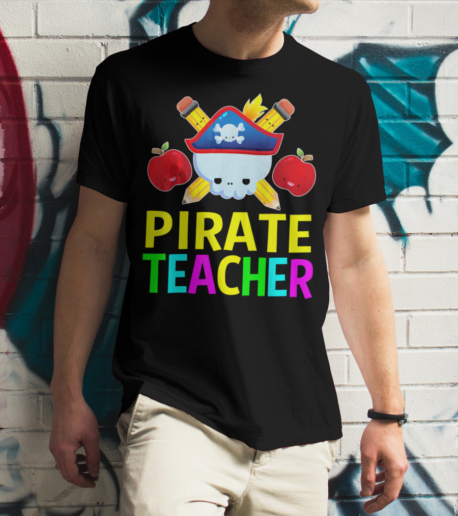 Pirate Teacher Halloween Costume Skull Pencils Apples T-Shirt