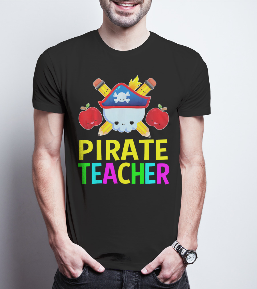 Pirate Teacher Halloween Costume Skull Pencils Apples T-Shirt