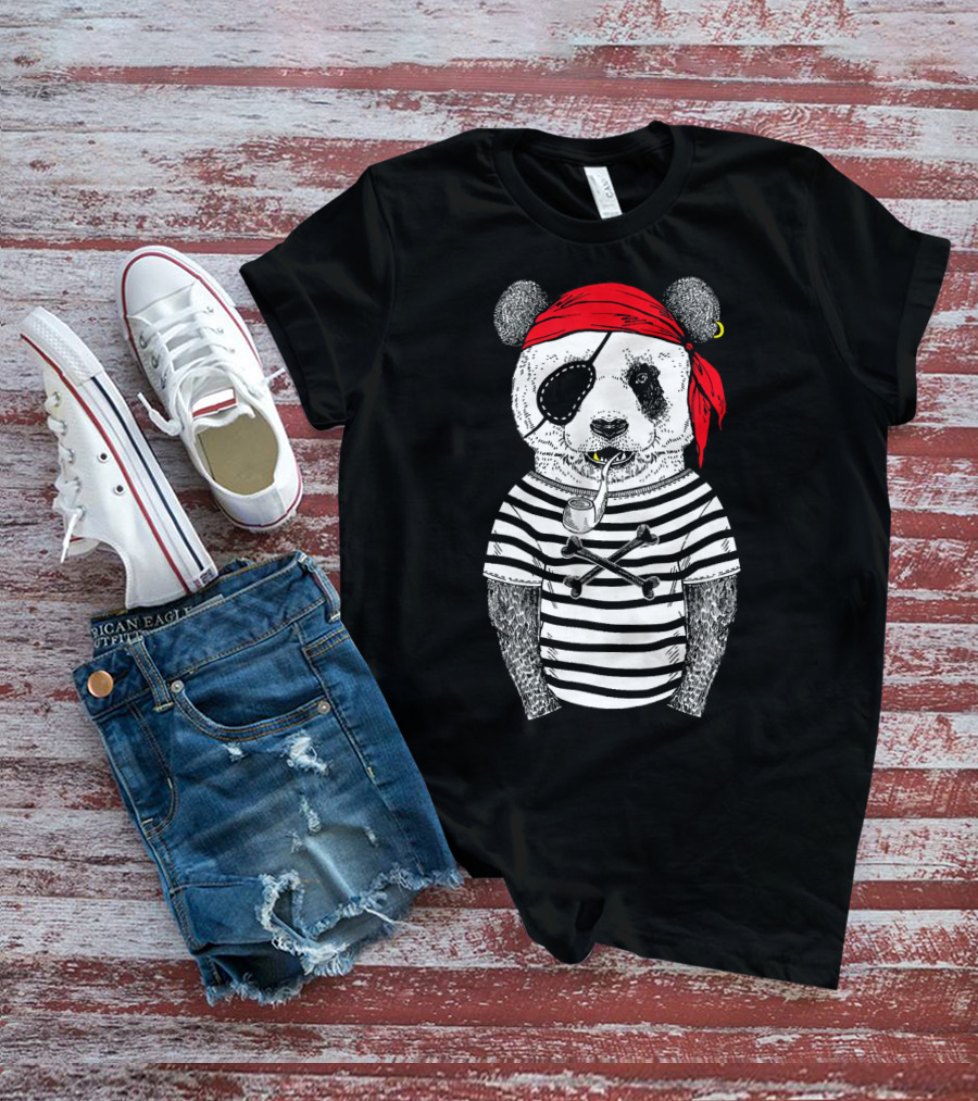 Panda Bear Pirate Wearing Striped Shirt With Red Bandana And Eye Patch T-Shirt