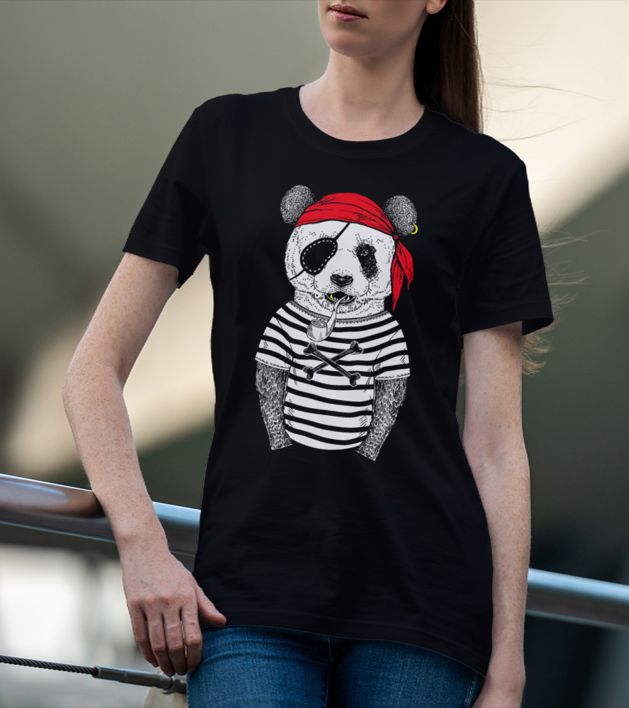 Panda Bear Pirate Wearing Striped Shirt With Red Bandana And Eye Patch T-Shirt