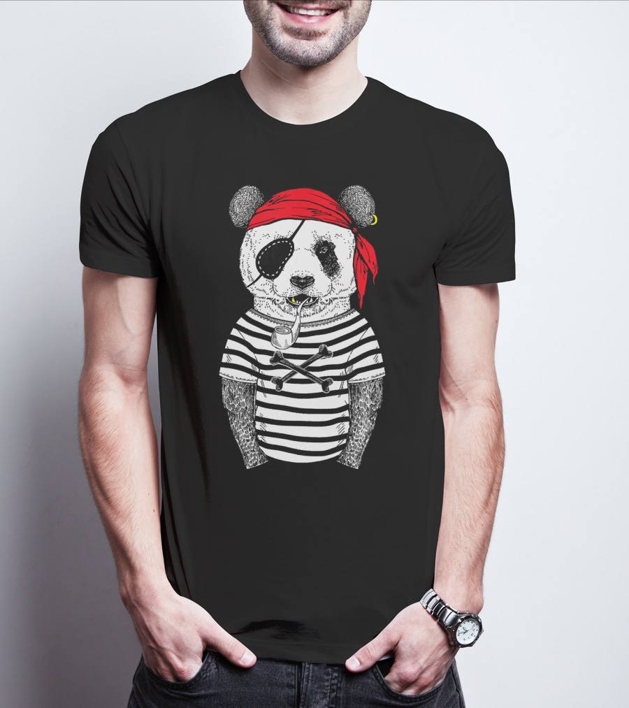 Panda Bear Pirate Wearing Striped Shirt With Red Bandana And Eye Patch T-Shirt