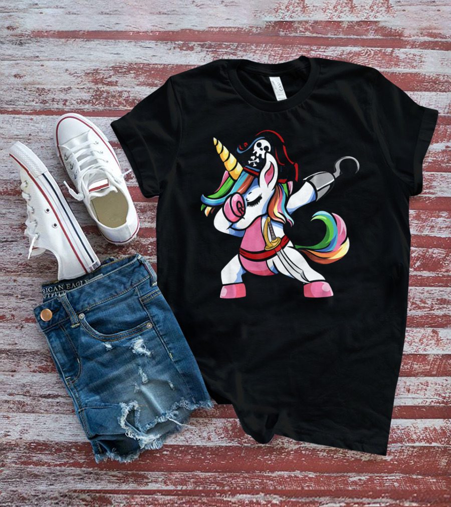 Halloween Dabbing Pirate Unicorn With Rainbow Mane And Hook T-Shirt
