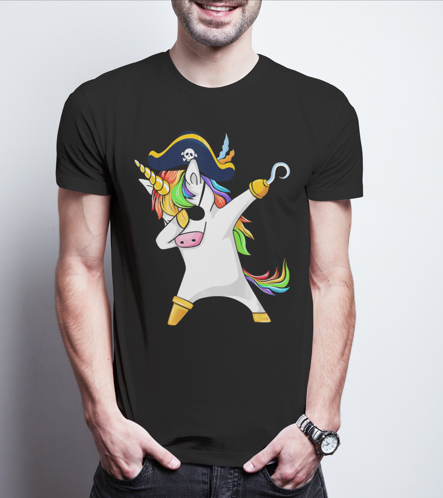 Funny Dabbing Unicorn Pirate With Rainbow Hair And Skull Hat T-Shirt