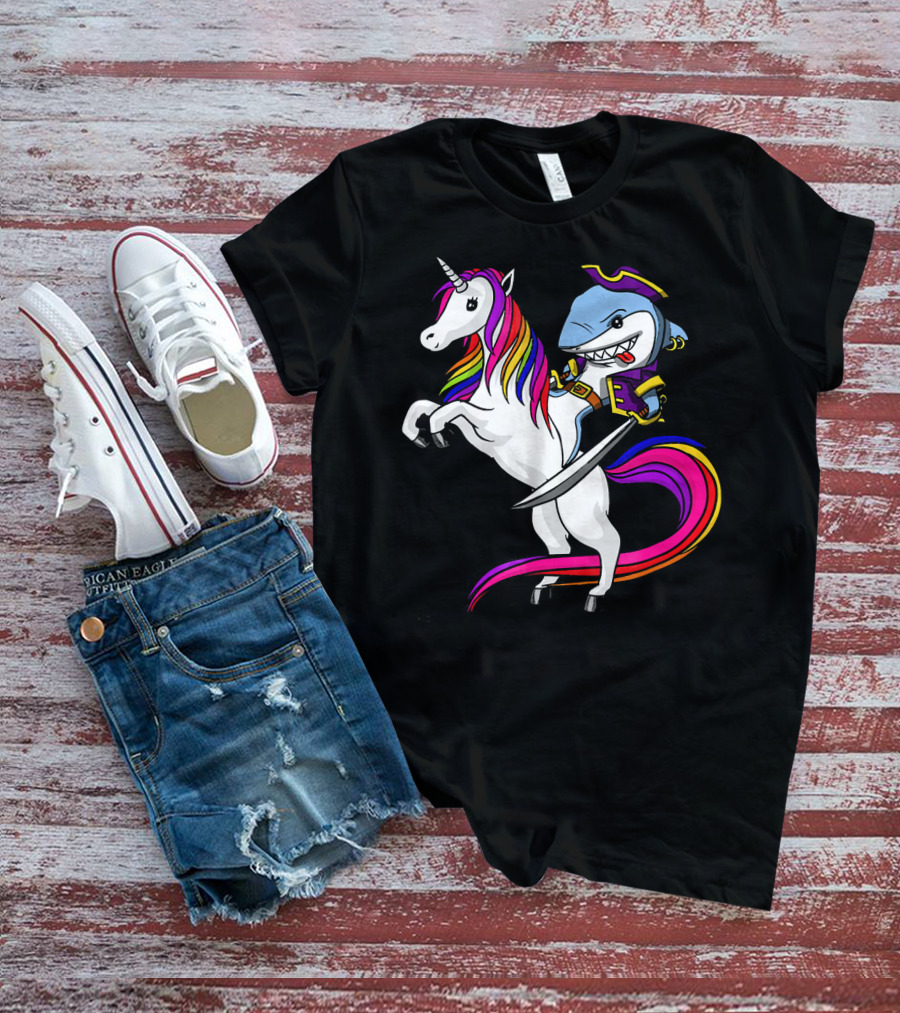 Shark Pirate Riding Rainbow Unicorn Magical Adventure T-Shirt