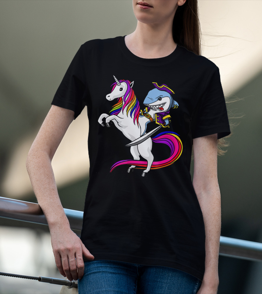 Shark Pirate Riding Rainbow Unicorn Magical Adventure T-Shirt