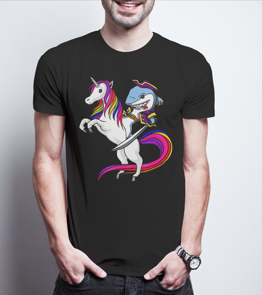 Shark Pirate Riding Rainbow Unicorn Magical Adventure T-Shirt