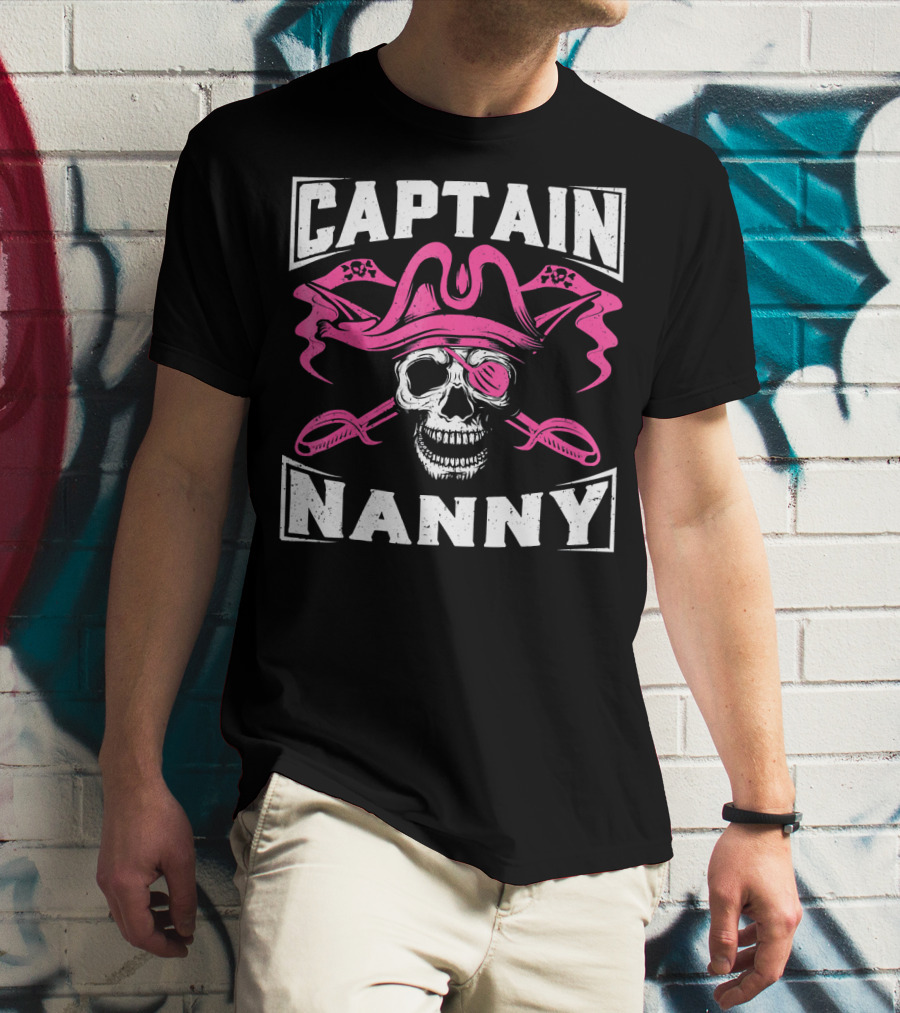 Captain Nanny Skull Pink Pirate Hat Crossed Swords T-Shirt