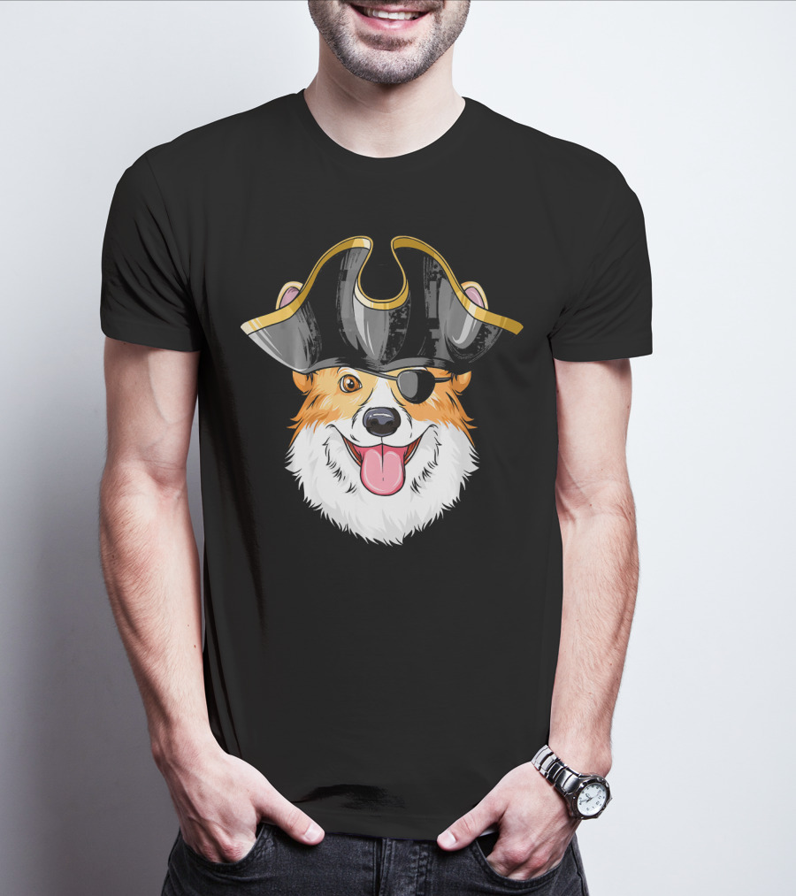 Pirate Corgi Wearing Black Tricorn Hat And Eye Patch T-Shirt