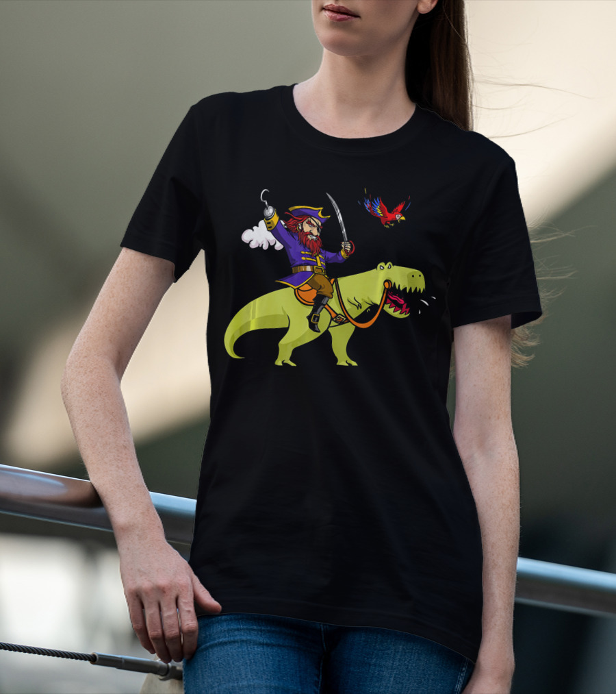 Pirate Sailor Rides T-Rex Dinosaur With Parrot T-Shirt