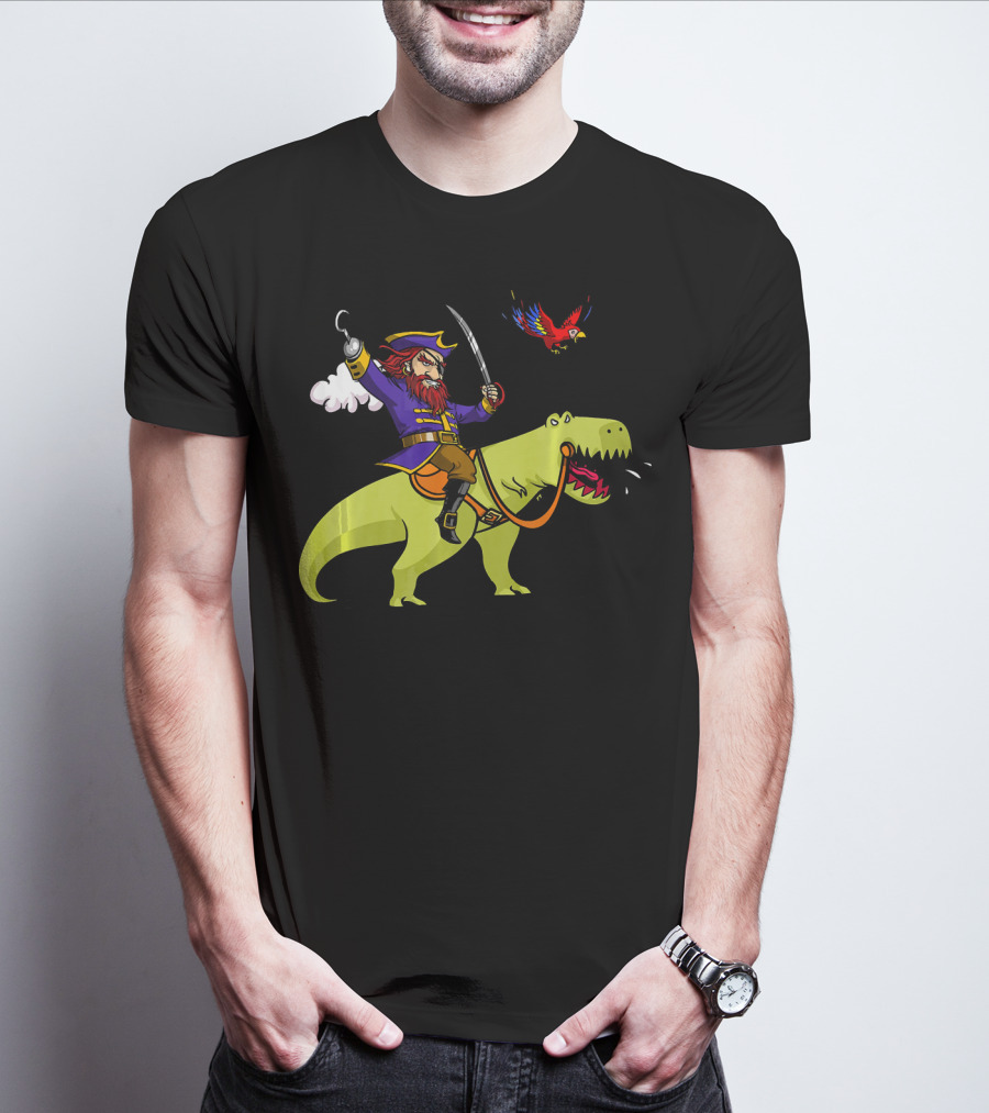 Pirate Sailor Rides T-Rex Dinosaur With Parrot T-Shirt