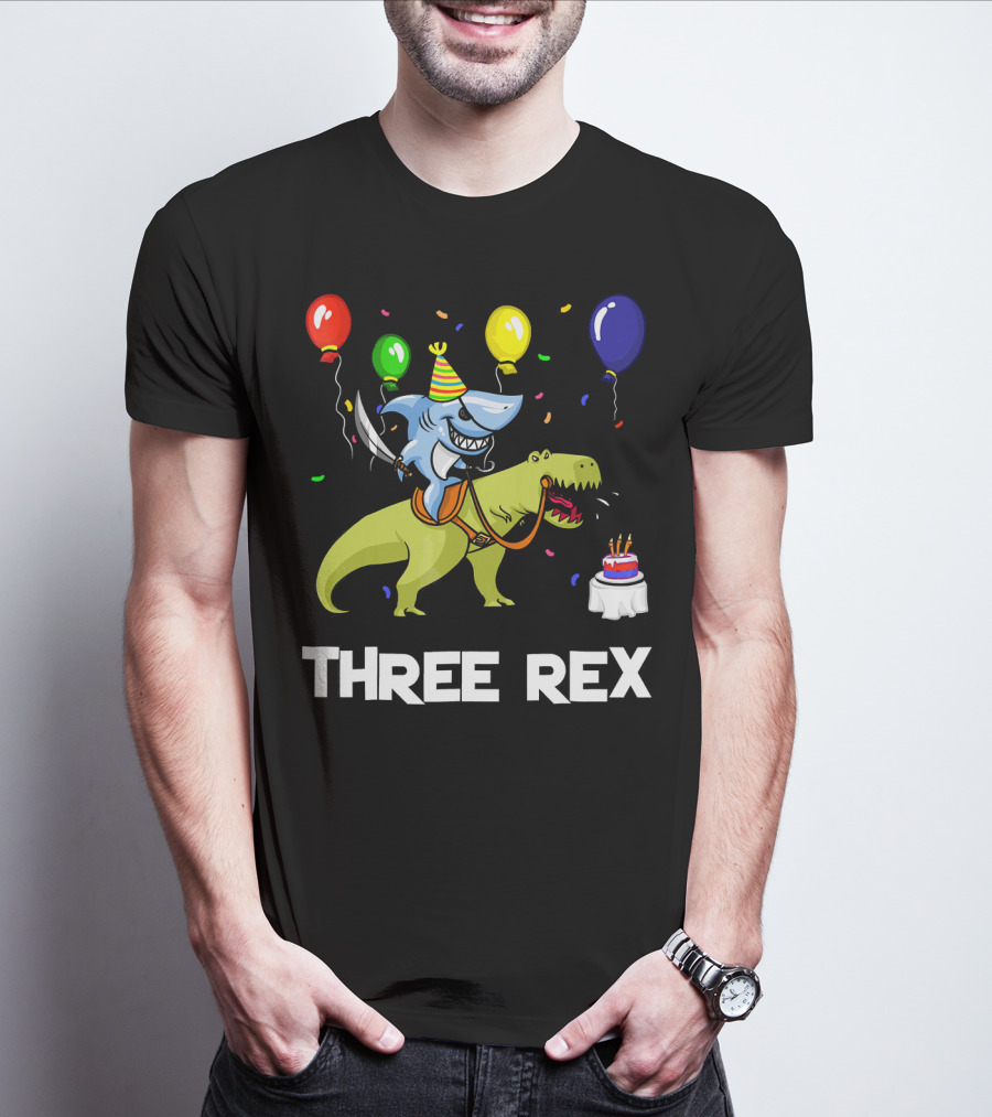 Three Rex Birthday Shark Pirate Riding Dinosaur With Balloons And Cake T-Shirt