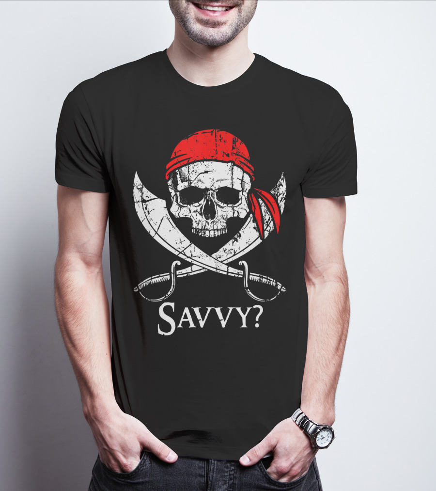 Savvy Pirate Skull And Crossbones With Red Bandana And Swords T-Shirt