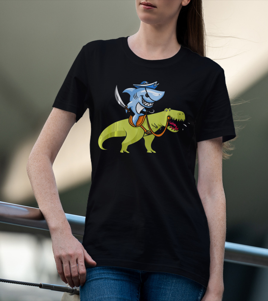 Shark Pirate Riding T-Rex Dinosaur Fun Adventure T-Shirt