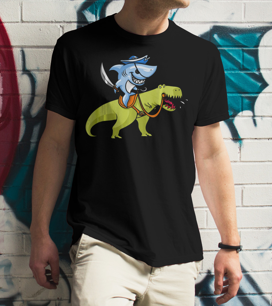 Shark Pirate Riding T-Rex Dinosaur Fun Adventure T-Shirt