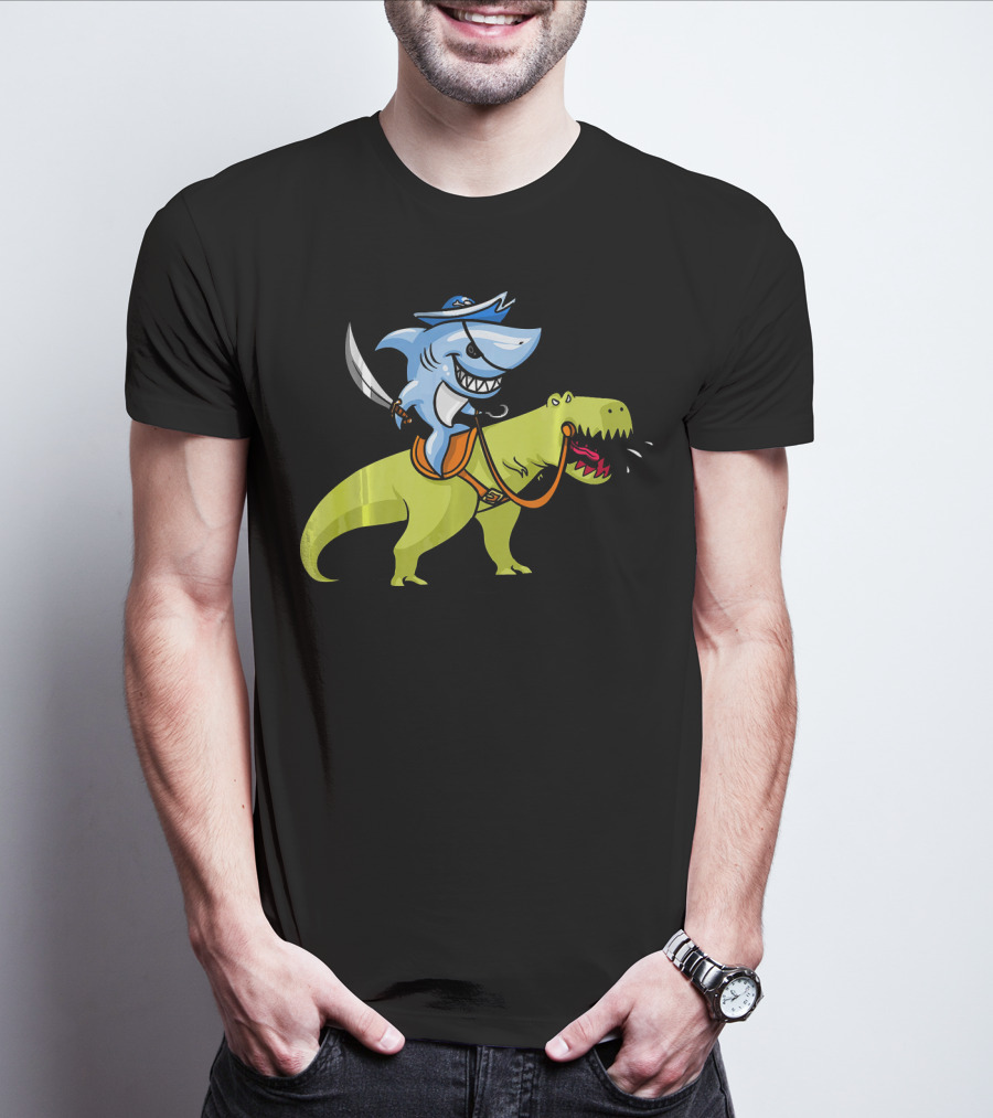 Shark Pirate Riding T-Rex Dinosaur Fun Adventure T-Shirt