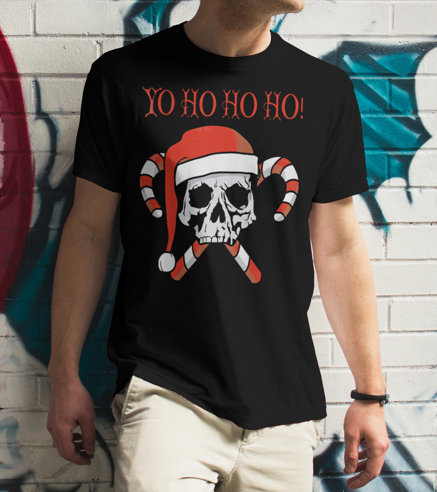 Yo Ho Ho Ho Christmas Pirate Santa Skull With Candy Canes T-Shirt