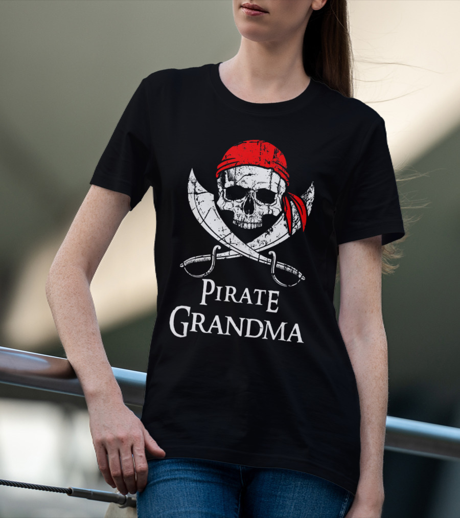 Pirate Grandma Skull Bandana Crossed Swords Flag T-Shirt