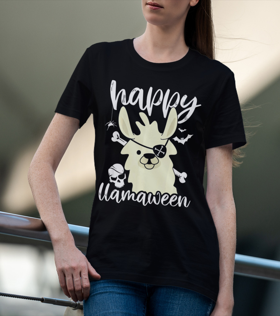 Happy Llamaween Llama Pirate Bats Skull T-Shirt