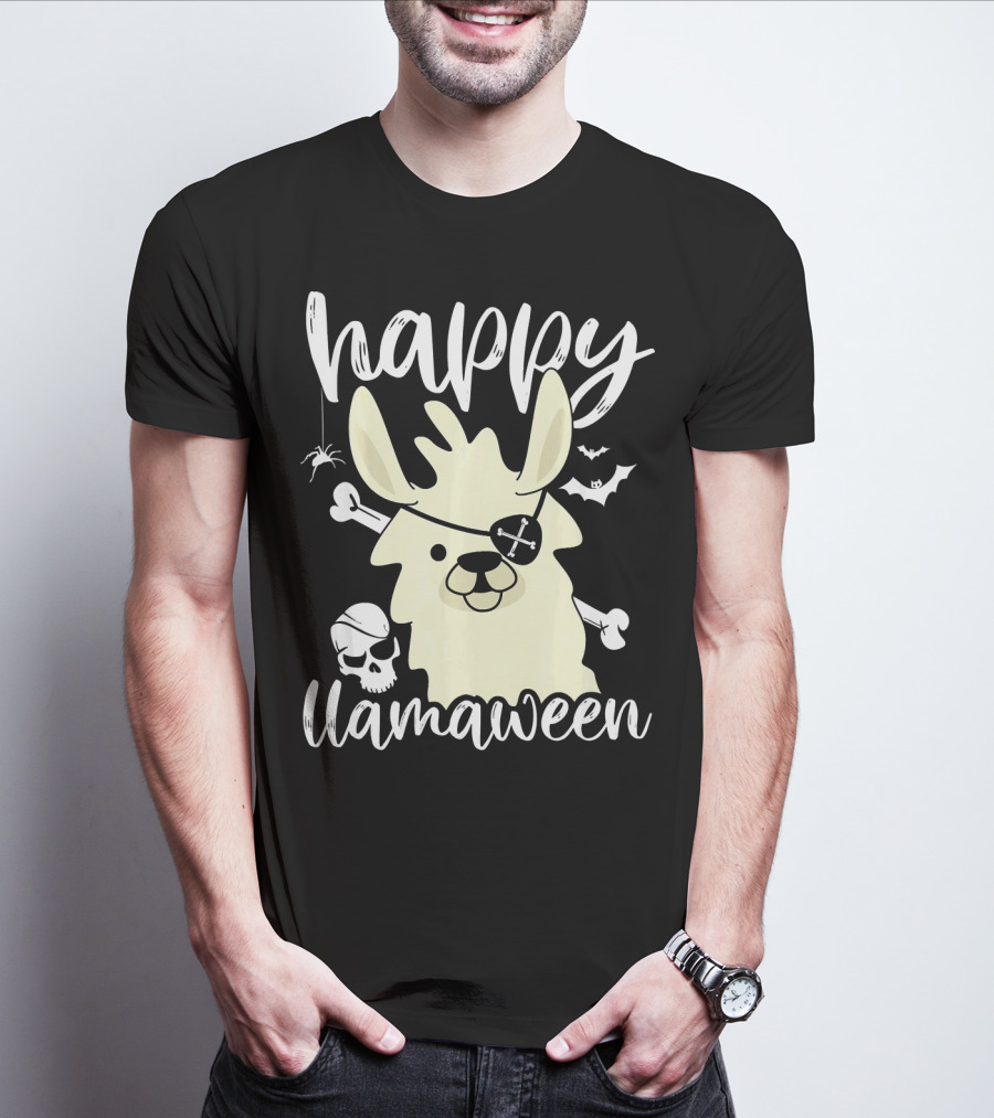 Happy Llamaween Llama Pirate Bats Skull T-Shirt