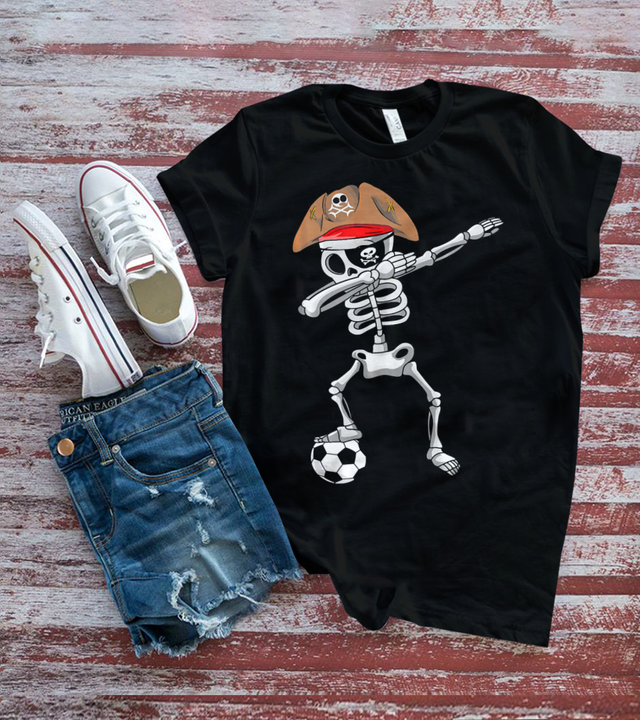 Skull Soccer Pirate Skeleton Dabbing With Eye Patch And Hat T-Shirt