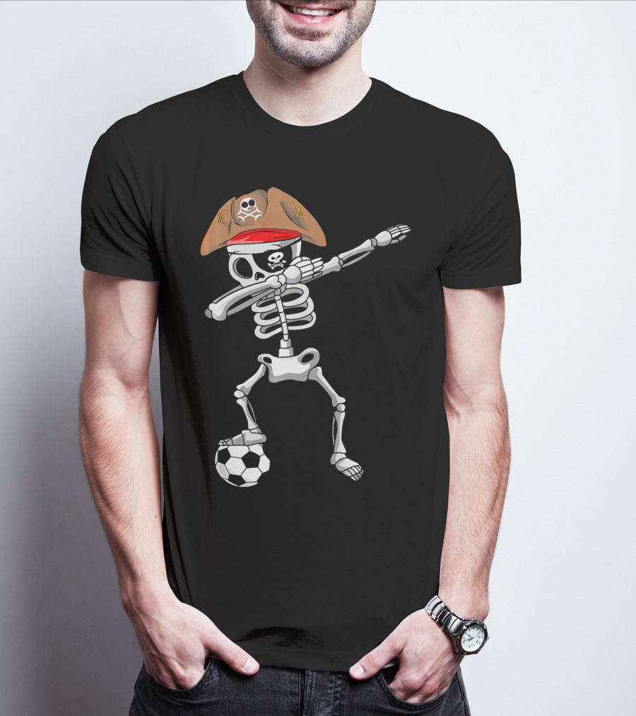 Skull Soccer Pirate Skeleton Dabbing With Eye Patch And Hat T-Shirt