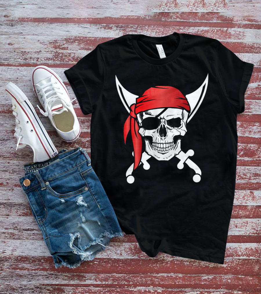 Pirate Skull Red Bandana Crossed Knives Iconic T-Shirt