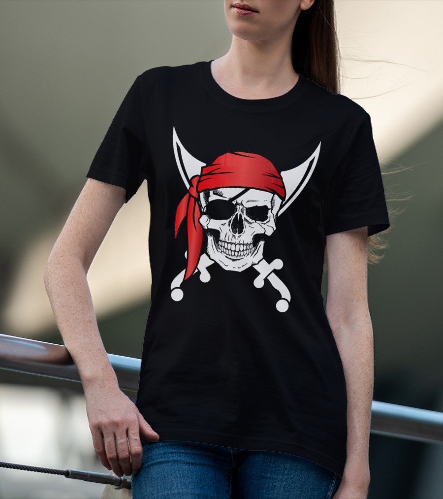 Pirate Skull Red Bandana Crossed Knives Iconic T-Shirt