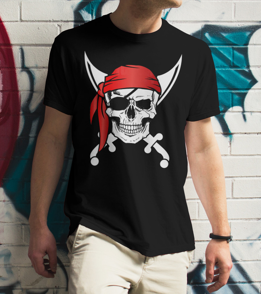 Pirate Skull Red Bandana Crossed Knives Iconic T-Shirt
