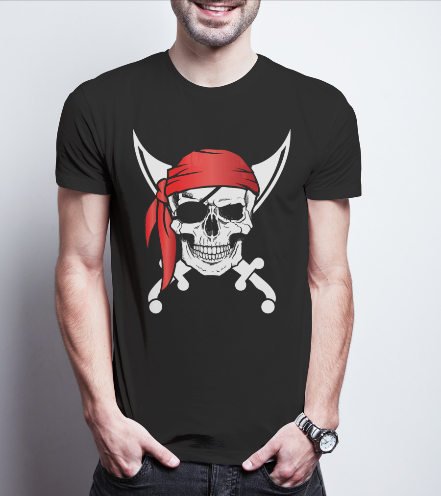 Pirate Skull Red Bandana Crossed Knives Iconic T-Shirt