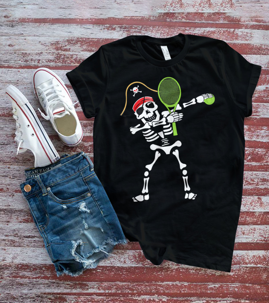 Tennis Dabbing Skeleton With Pirate Hat And Racket T-Shirt