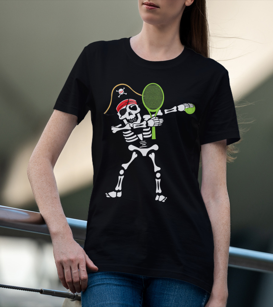 Tennis Dabbing Skeleton With Pirate Hat And Racket T-Shirt
