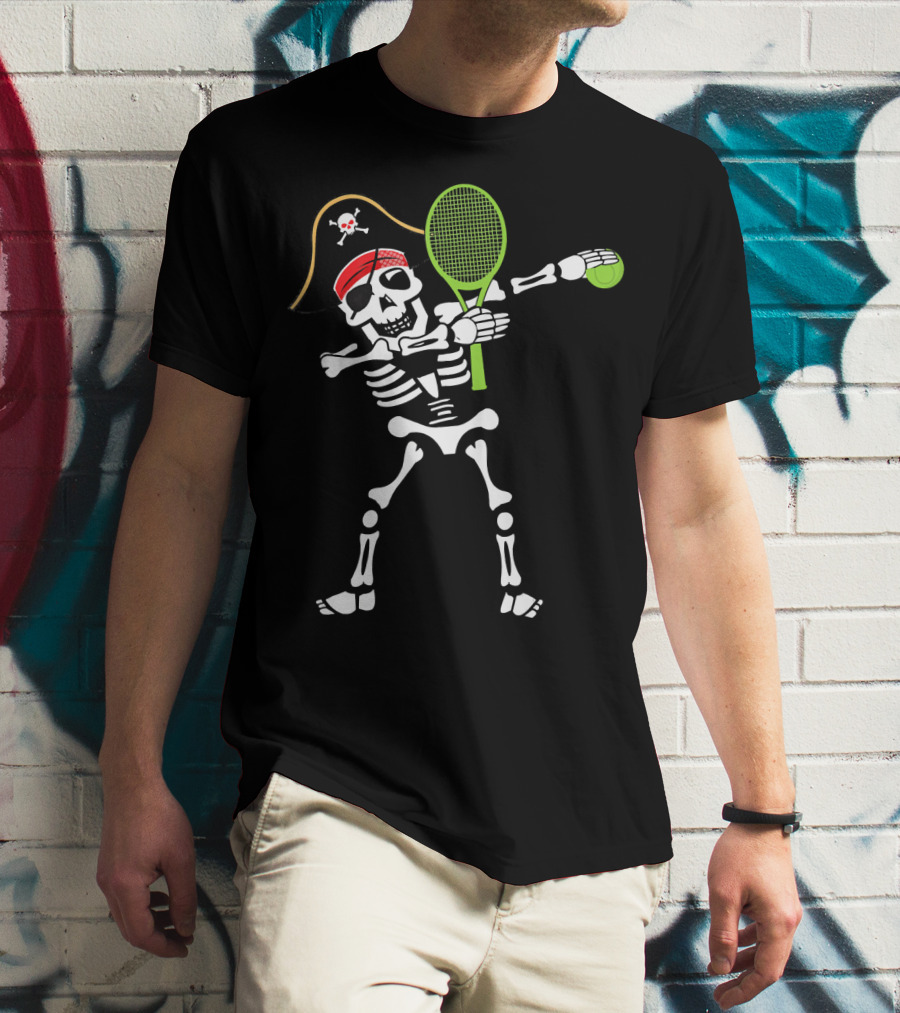 Tennis Dabbing Skeleton With Pirate Hat And Racket T-Shirt