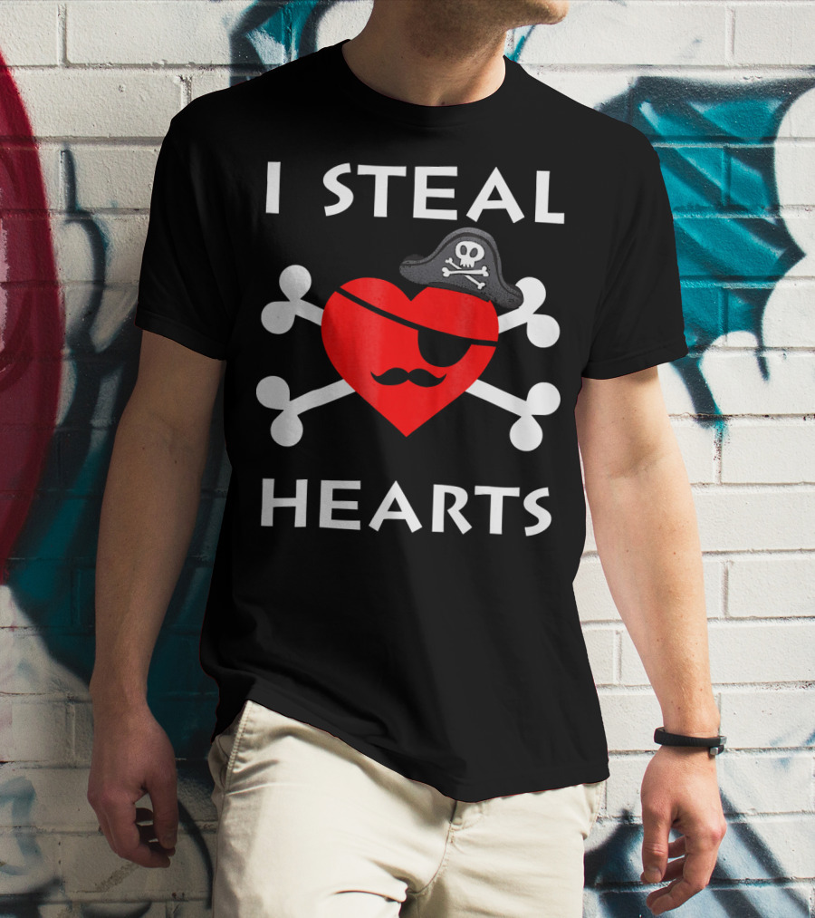 I Steal Hearts Valentine Day Pirate Eyepatch Skull Crossbones T-Shirt
