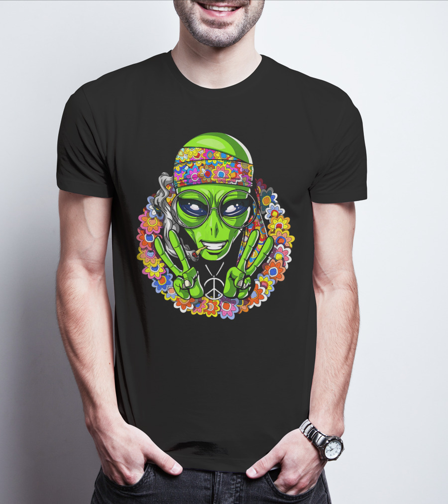 Hippie Alien Peace Sign Psychedelic Flowers Smoking Groovy T-Shirt