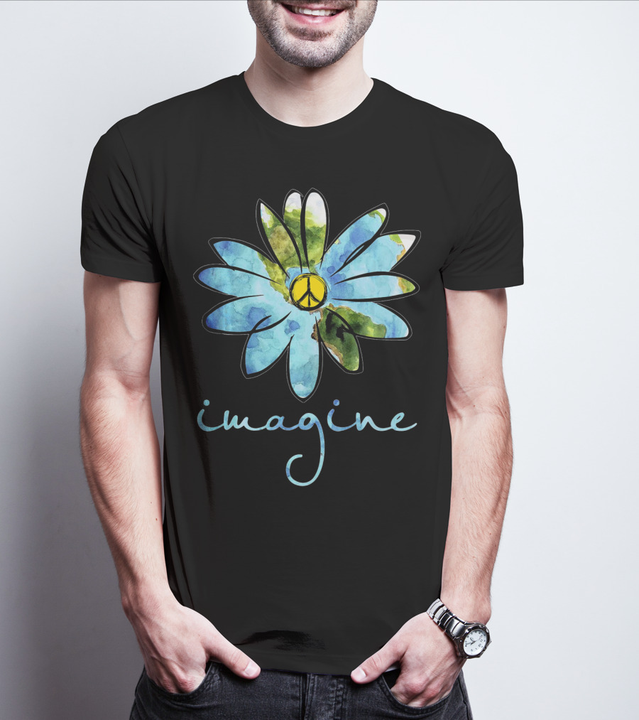 Imagine Peace Sign Flower World Map T-Shirt