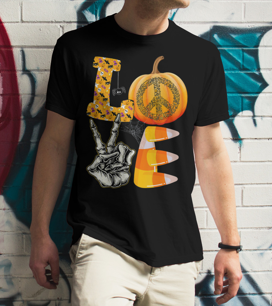 LOVE Halloween Peace Pumpkin Skeleton V Candy Corn T-Shirt