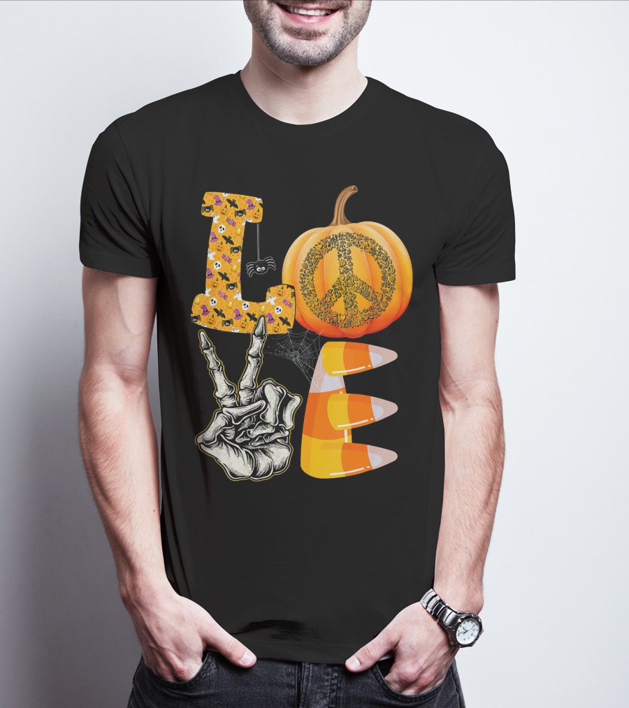 LOVE Halloween Peace Pumpkin Skeleton V Candy Corn T-Shirt