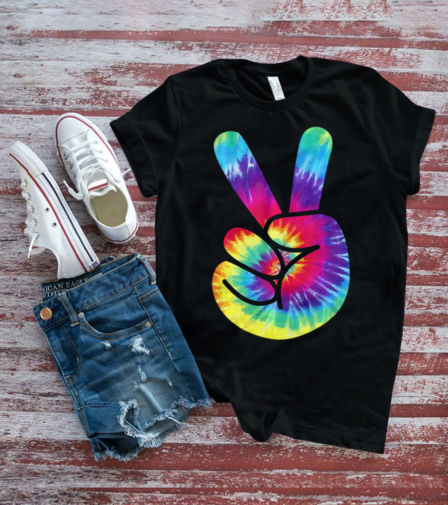 Groovy Tie Dye Peace Sign Two Finger Gesture T-Shirt