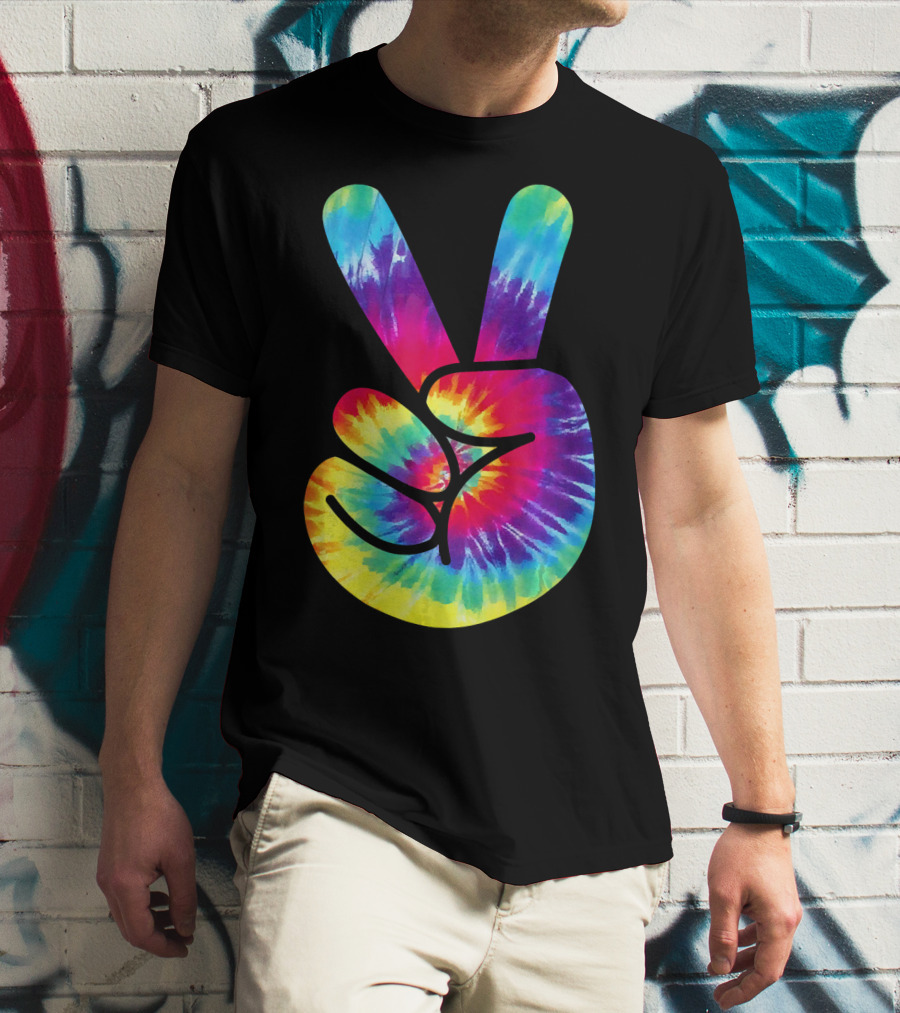 Groovy Tie Dye Peace Sign Two Finger Gesture T-Shirt