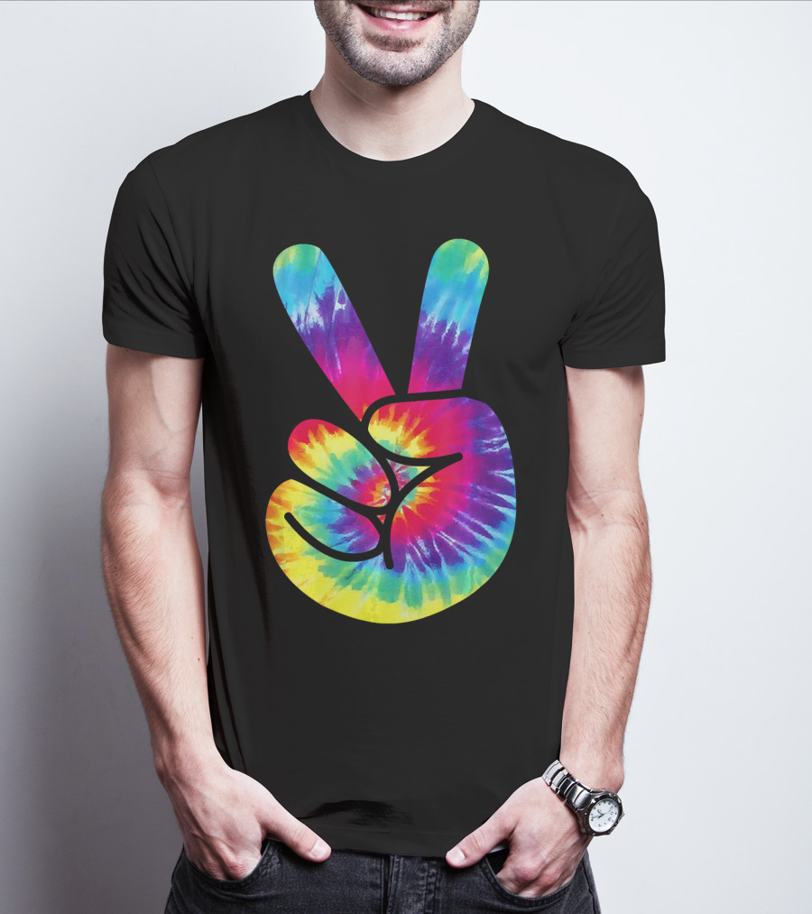 Groovy Tie Dye Peace Sign Two Finger Gesture T-Shirt