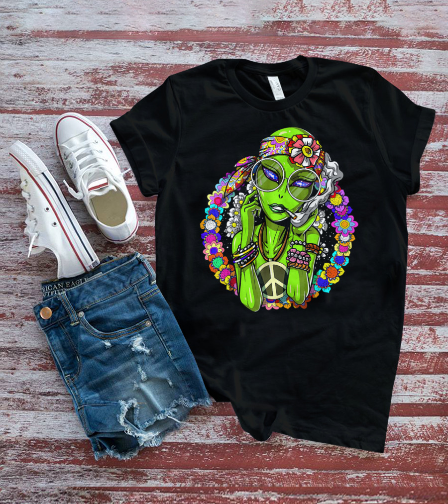 Psychedelic Hippie Alien Smoking With Peace Symbol Surrounded By Vibrant Flowers T-Shirt