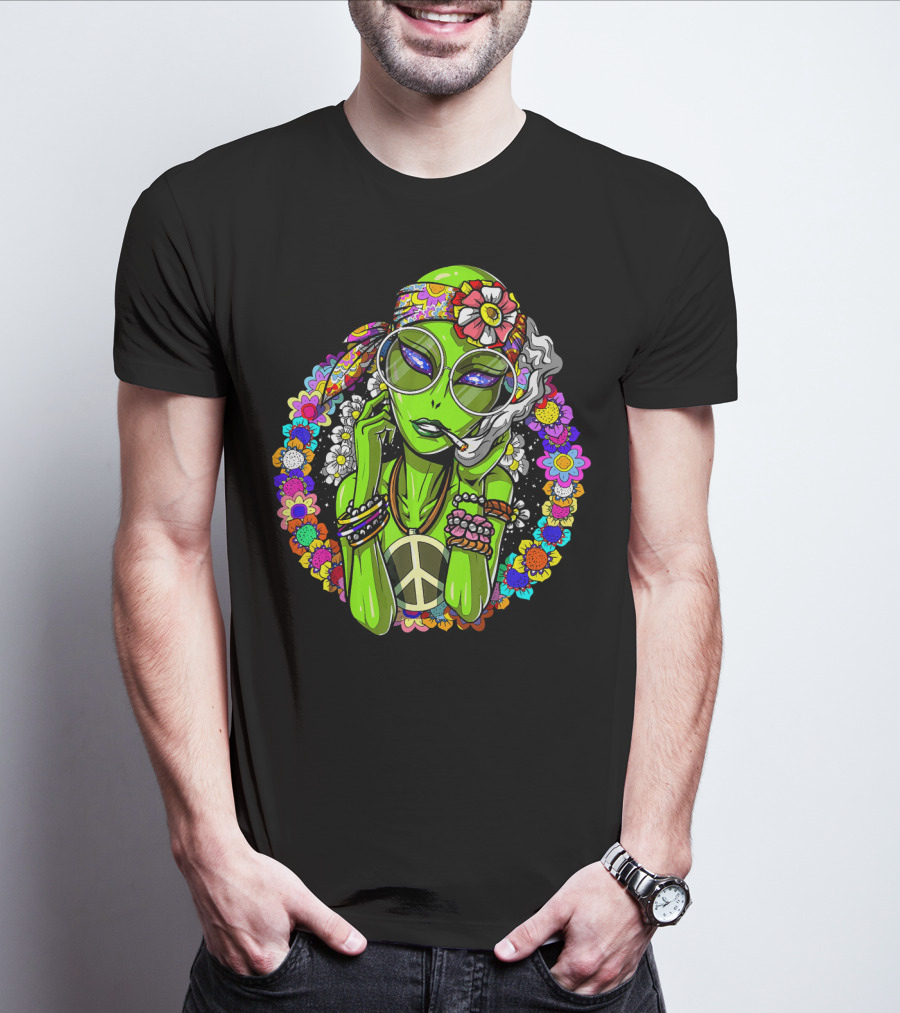 Psychedelic Hippie Alien Smoking With Peace Symbol Surrounded By Vibrant Flowers T-Shirt